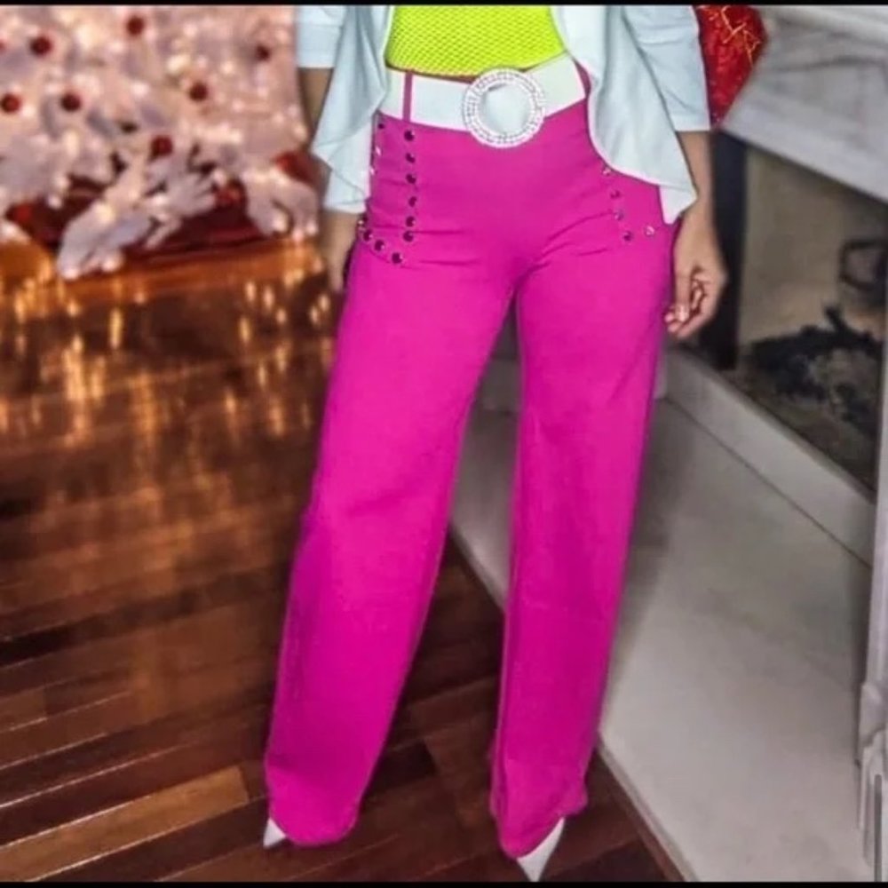 Elaine Coming in Hot: Pink High Waist Slacks w/ Nail Studs on Pockets M - Picture 3 of 10